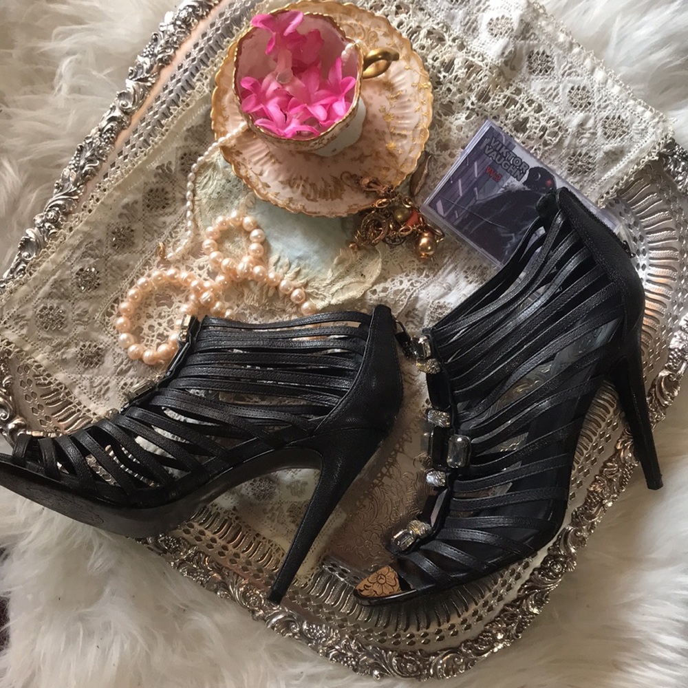 Tory Burch Black Sandals Heels Crystal Stiletto High Designer Gem Sparkle 9 Cute